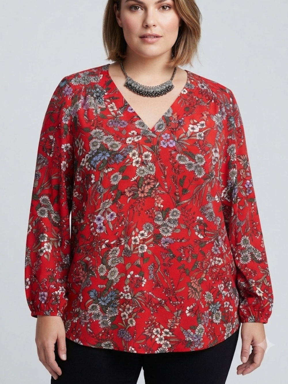 CAROLINA BELLE Red Floral V-Neck Peasant Blouse size 1X
